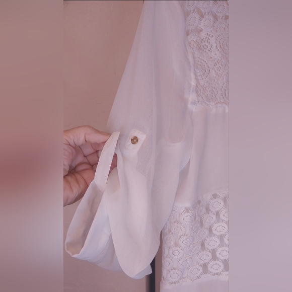Calvin Klein White Chiffon Lace Crochet Detail Blouse Size Small Sheer Top Boho - Picture 4 of 11